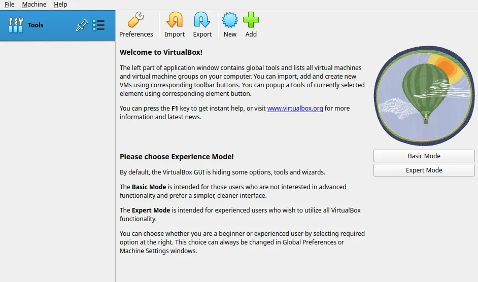 VirtualBox välkomstskärm med knapparna Preferences, Import, Export, New och Add samt val mellan Basic och Expert Mode