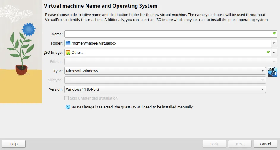 Dialogen Virtual machine Name and Operating System med fälten Name, Folder, ISO Image, Type och Version