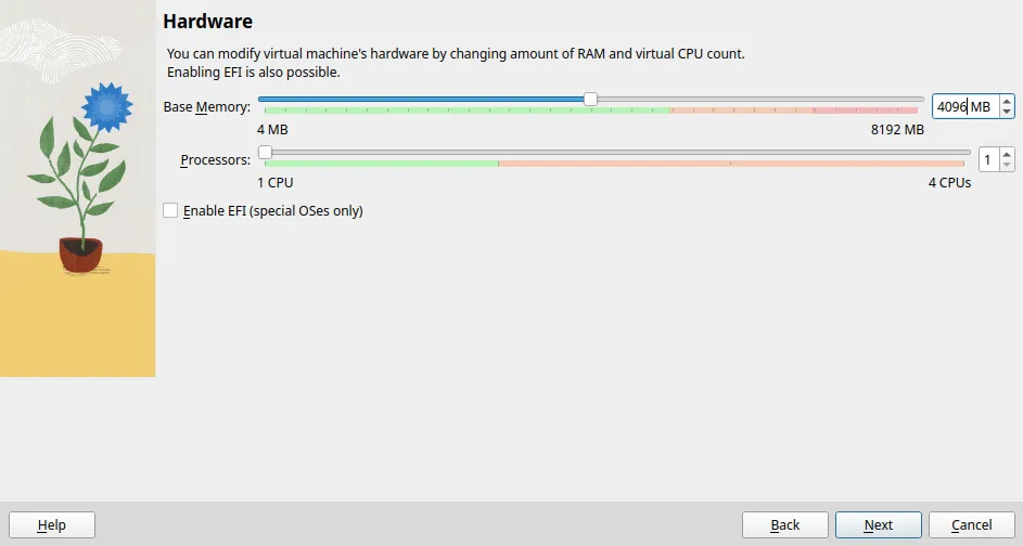 Dialogen Hardware med reglage för Base Memory satt till 4096 MB och Processors satt till 1 CPU